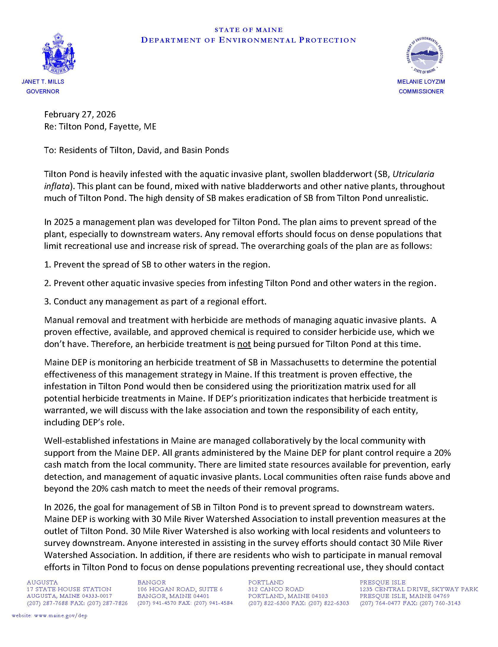 Page one of most recent letter concerning Swollen Bladderwort in Tilton Pond